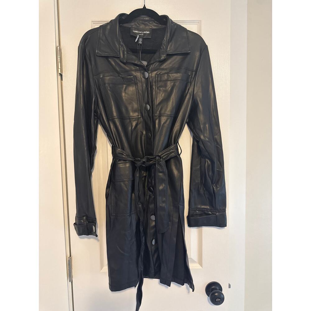 NWT Adrienne Landau Black Faux Leather Belted Trench Jacket Size Large